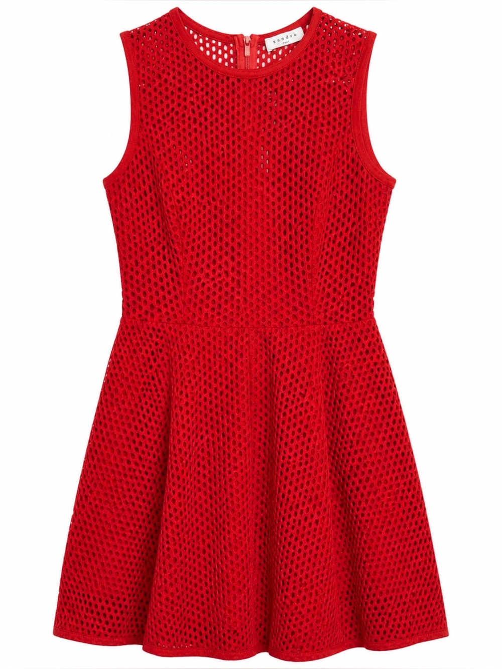 Sandro Paris Red Mesh Dress Size 2 Sleeveless Fit & Flare Perforated Midi Dress